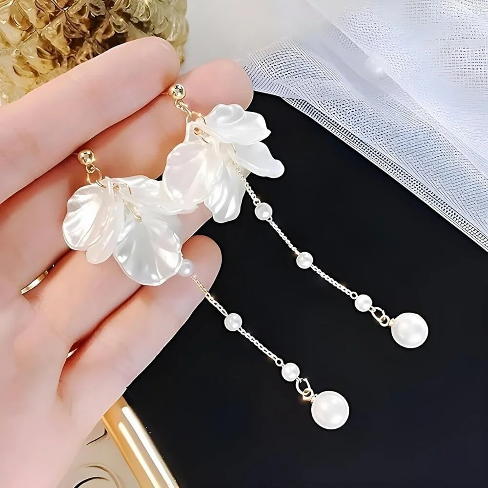 Pearl Flower Dangle Earrings Faux Pearls Beach Wedding Drop Jewelry